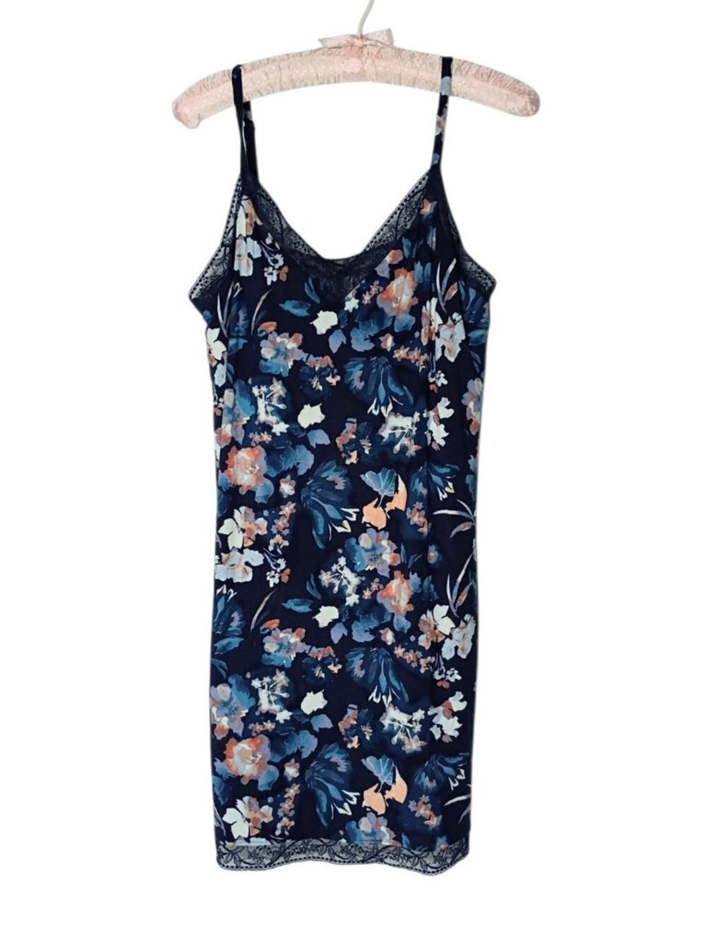 Soma Cool Nights Floral Print Chemise Slip Nightgown M Built in Bra Lace Trim